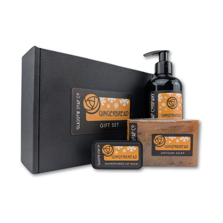 gingerbread bath and body christmas gift set with handmade soap. lip balm and liquid soap