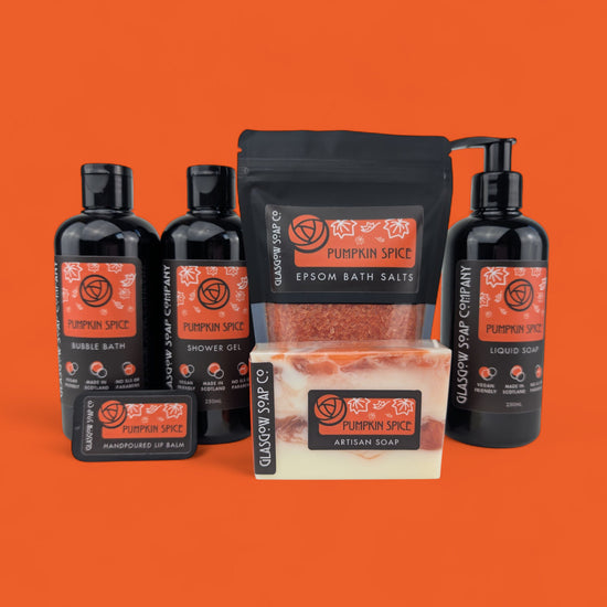 Collection of Glasgow Soap Co. Pumpkin Spice products on an orange background