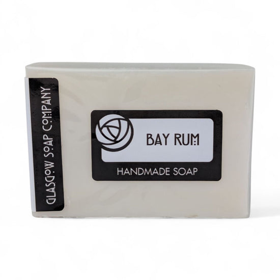 Bar of soap with 'Bay Rum' and 'Glasgow Soap Company' labels on a white background