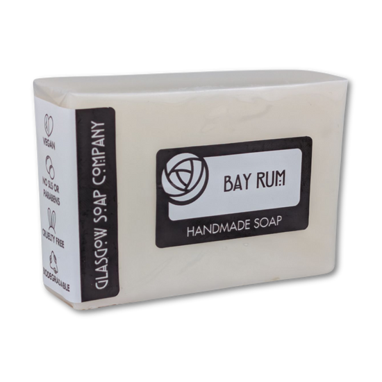 Bar of soap with 'Bay Rum' and 'Glasgow Soap Company' branding on a white background