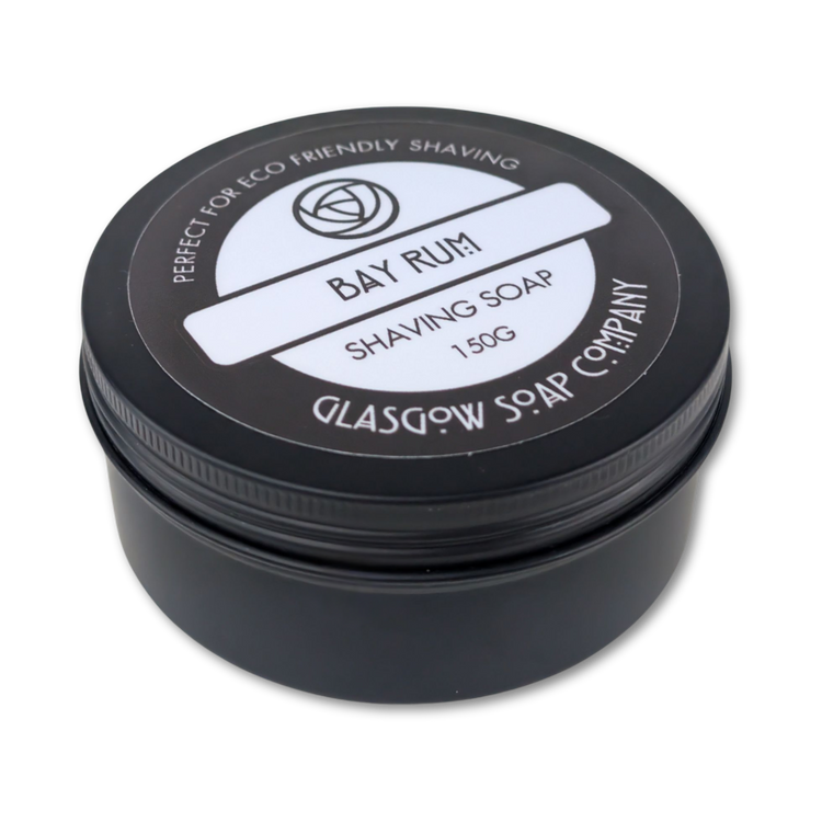 Black container of Bay Rum Shaving Soap from Glasgow Soap Company on a white background