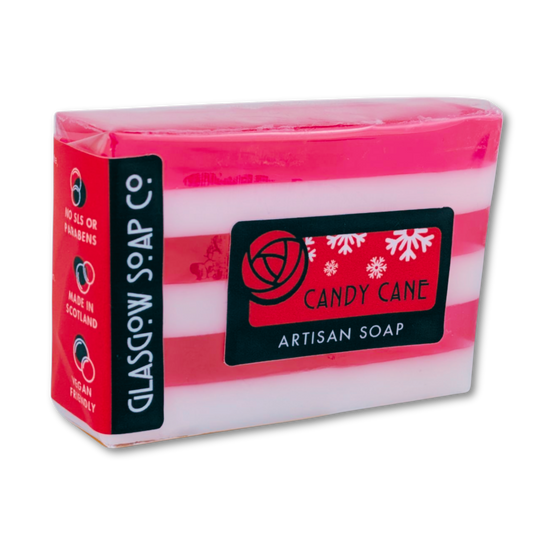 Candy Cane Artisan Soap bar with 'Glasgow Soap Co.' branding on a white background