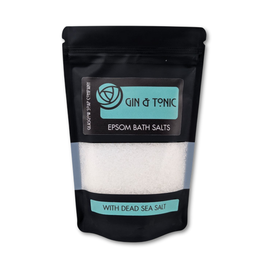 Pack of Epsom bath salts with Gin & Tonic branding on a white background