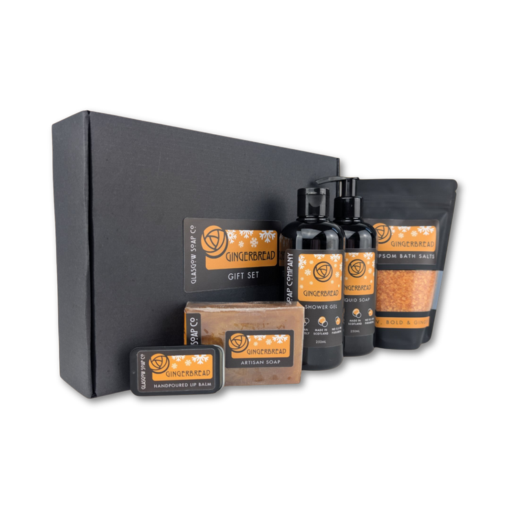 gingerbread christmas bath and body scottish gift set with handmade soap, lip balm, bath salts, shower gel and liquid soap