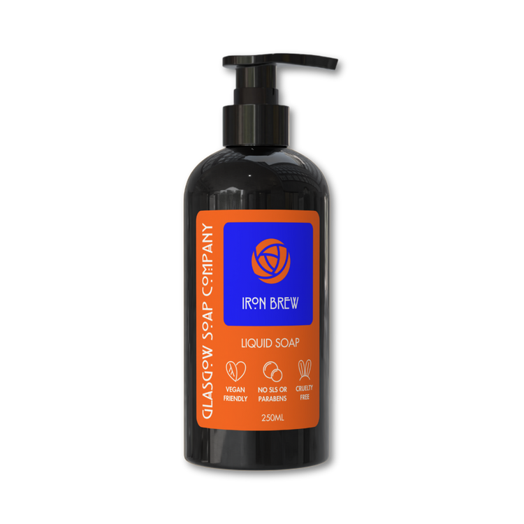 irn bru liquid soap in black pump bottle