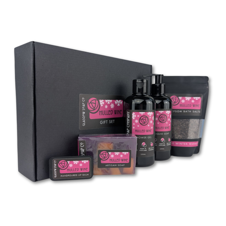 mulled wine christmas bath and body gift set with vegan handmade soap, lip bam, epsom bath salts, shower gel and liquid soap