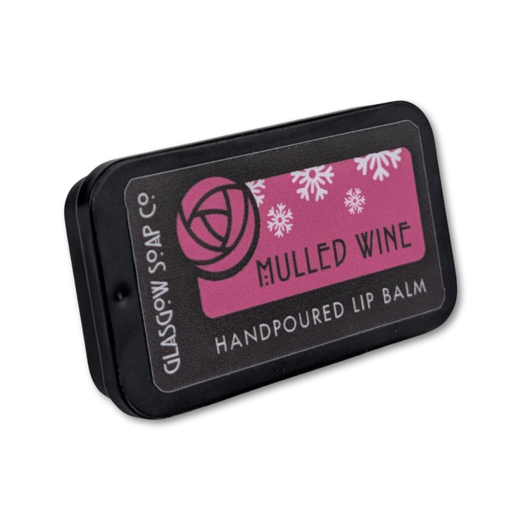 Lip balm container with 'Glasgow Soap Co' branding and 'Mulled Wine' text on a white background