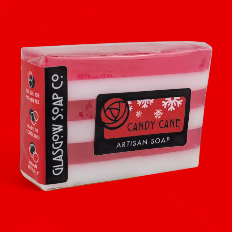 Bar of soap with 'Candy Cane' label on a red background