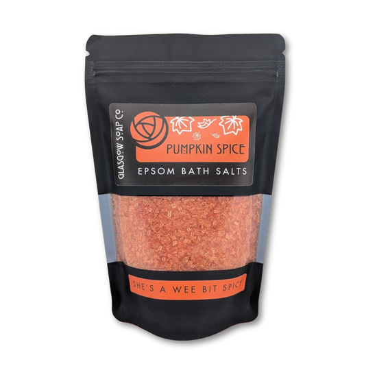 Pack of Pumpkin Spice Epsom Bath Salts with visible branding on a white background