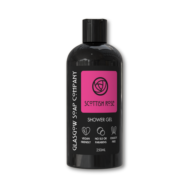 Bottle of Scottish Rose shower gel from Glasgow Soap Company on a white background