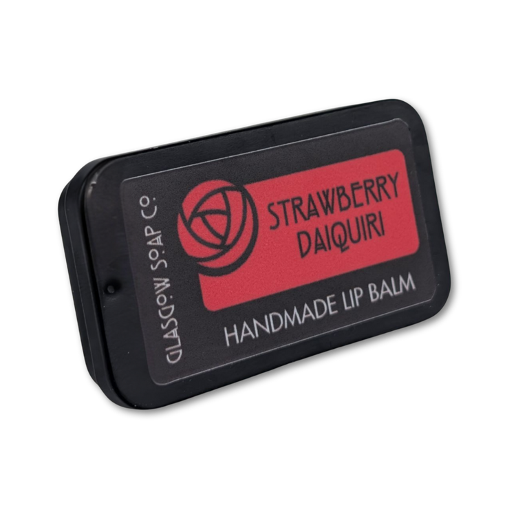 Handmade lip balm packaging with 'Strawberry Daiquiri' flavor on a white background