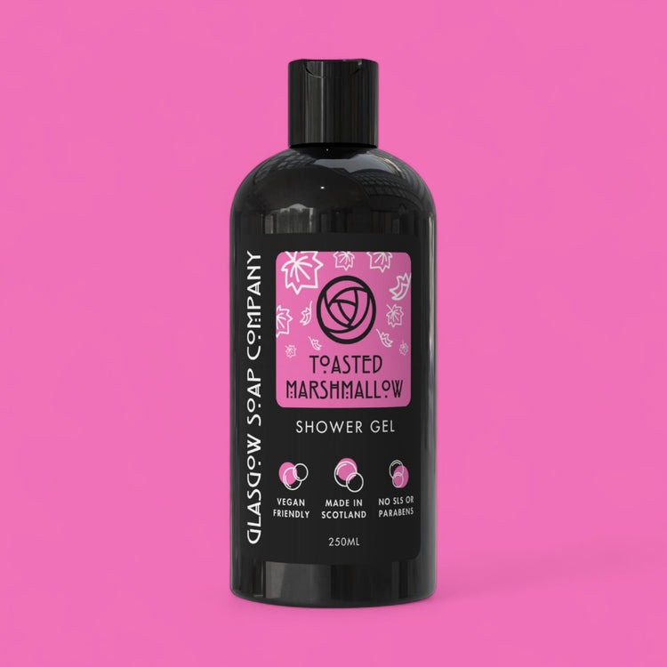toasted marshmallow vegan shower gel in recyclable bottle