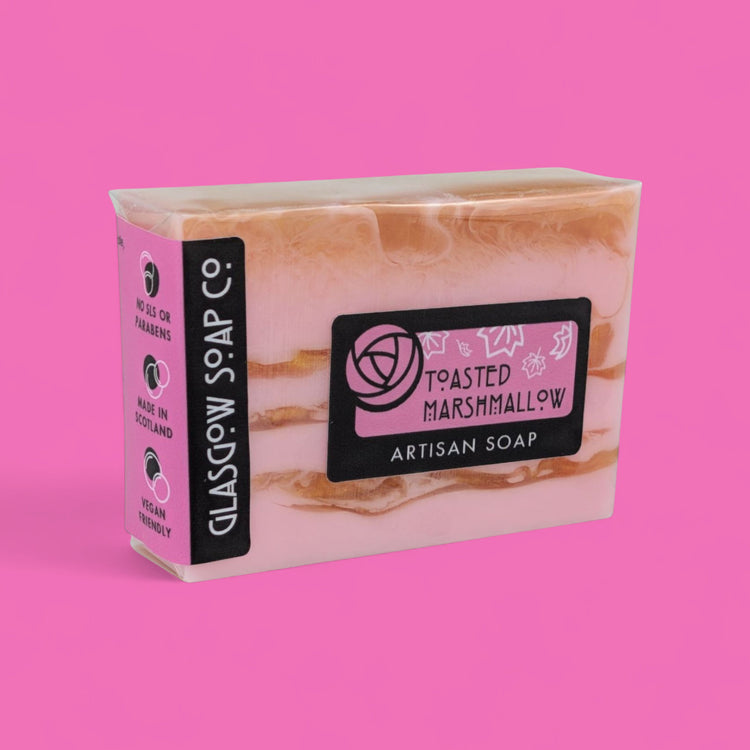 toasted marshmallow vegan soap in biodegradable cellophane