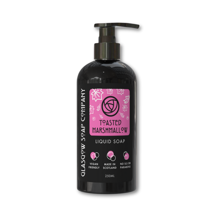 toasted marshmallow vegan liquid soap in recylable bottle