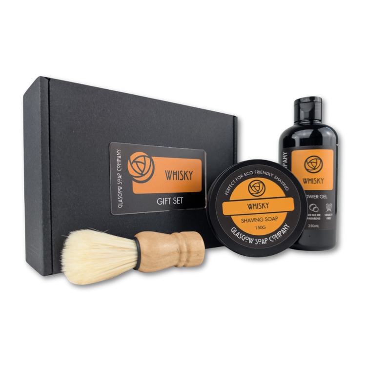 whisky scented Grooming gift set with shaving brush, solid shaving soap, and shower gel