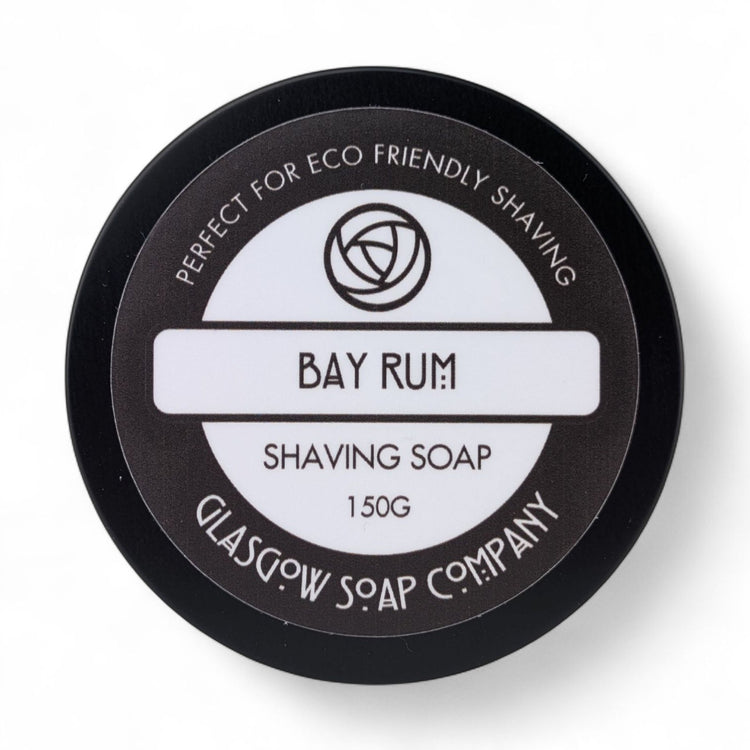 Shaving soap container with 'Bay Rum' and 'Glasgow Soap Company' branding on a white background