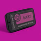 Bucky handmade lip balm packaging on a purple background
