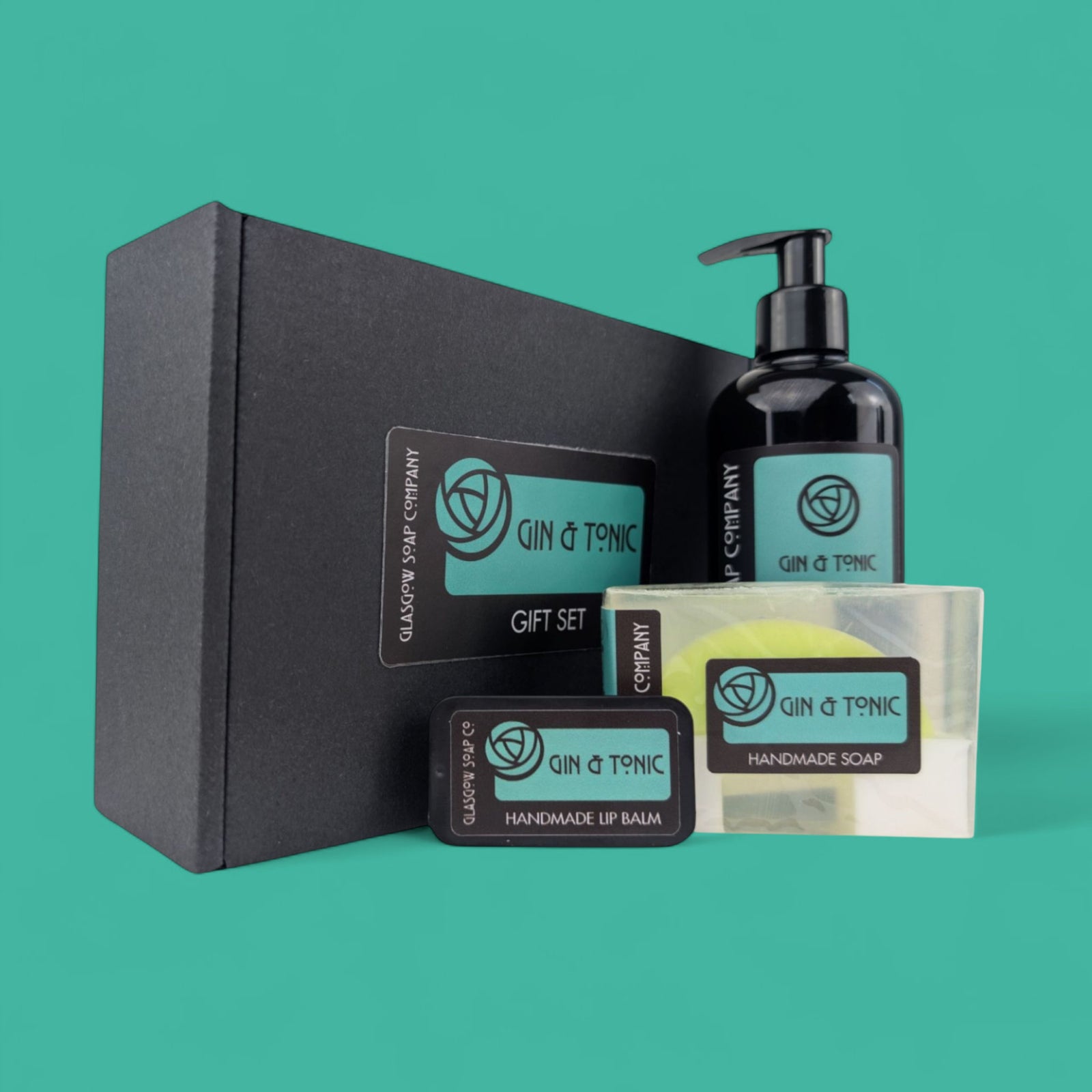 gin and tonic bath and body gift set with handmade vegan soap, lip balm and liquid soap