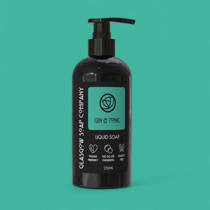 Black liquid soap bottle with pump on a teal background
