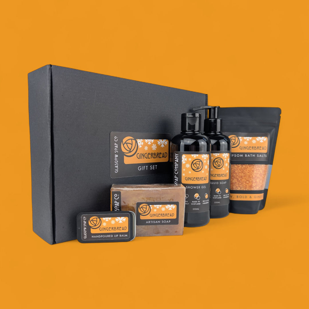 gingerbread christmas bath and body scottish gift set with handmade soap, lip balm, bath salts, shower gel and liquid soap