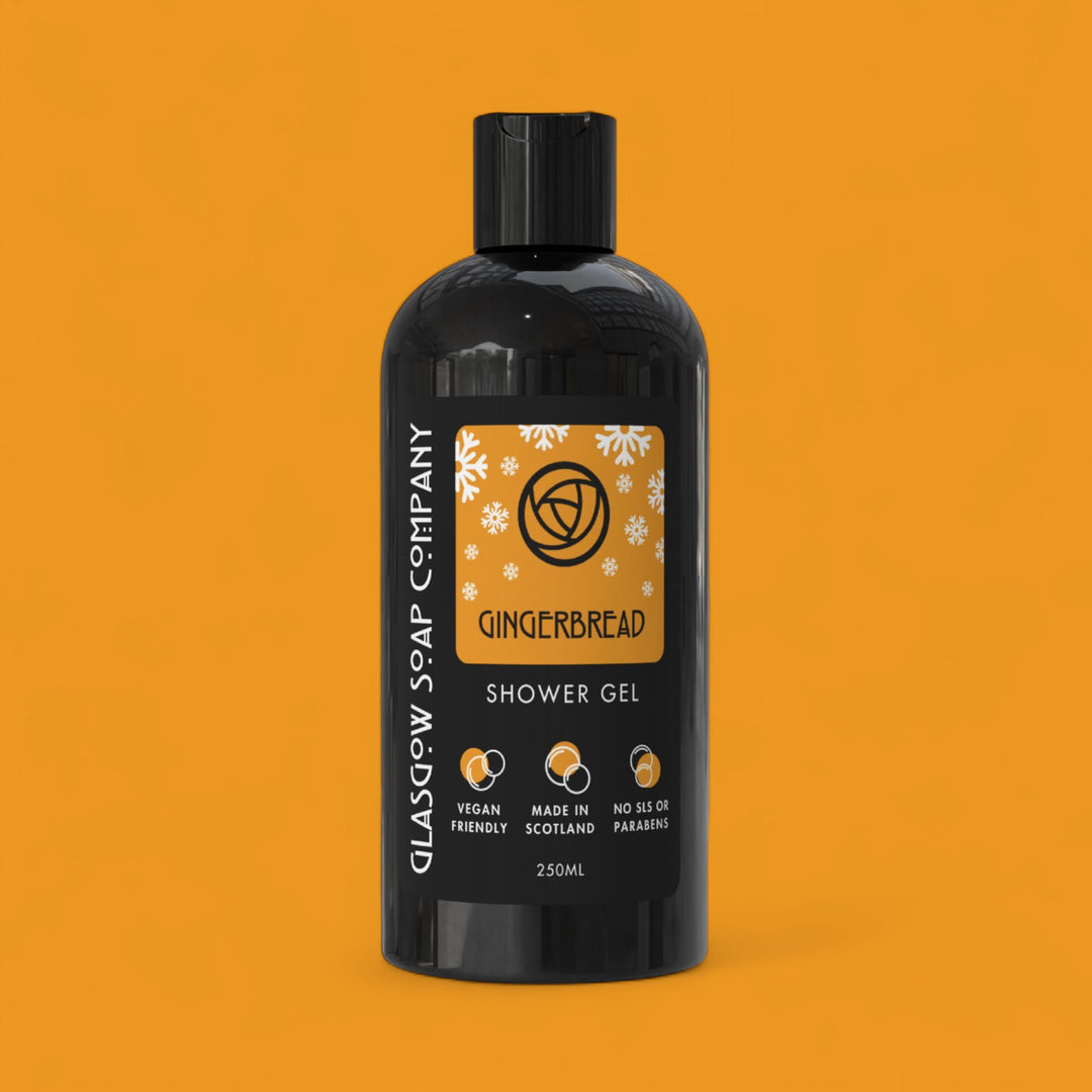 Glasgow Soap Company Gingerbread Shower Gel bottle on an orange background