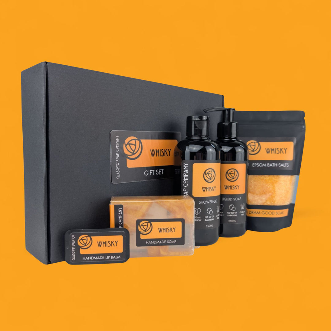 whisky gift set with handmade soap, handpoured lip balm, shower gel, liquid soap and epsom bath salts