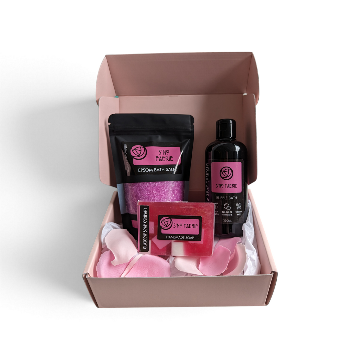 Glasgow Soap Company Ltd S'NO FAERIE medium bath gift set with Epsom salts, handmade soap, bubble bath, and petals.