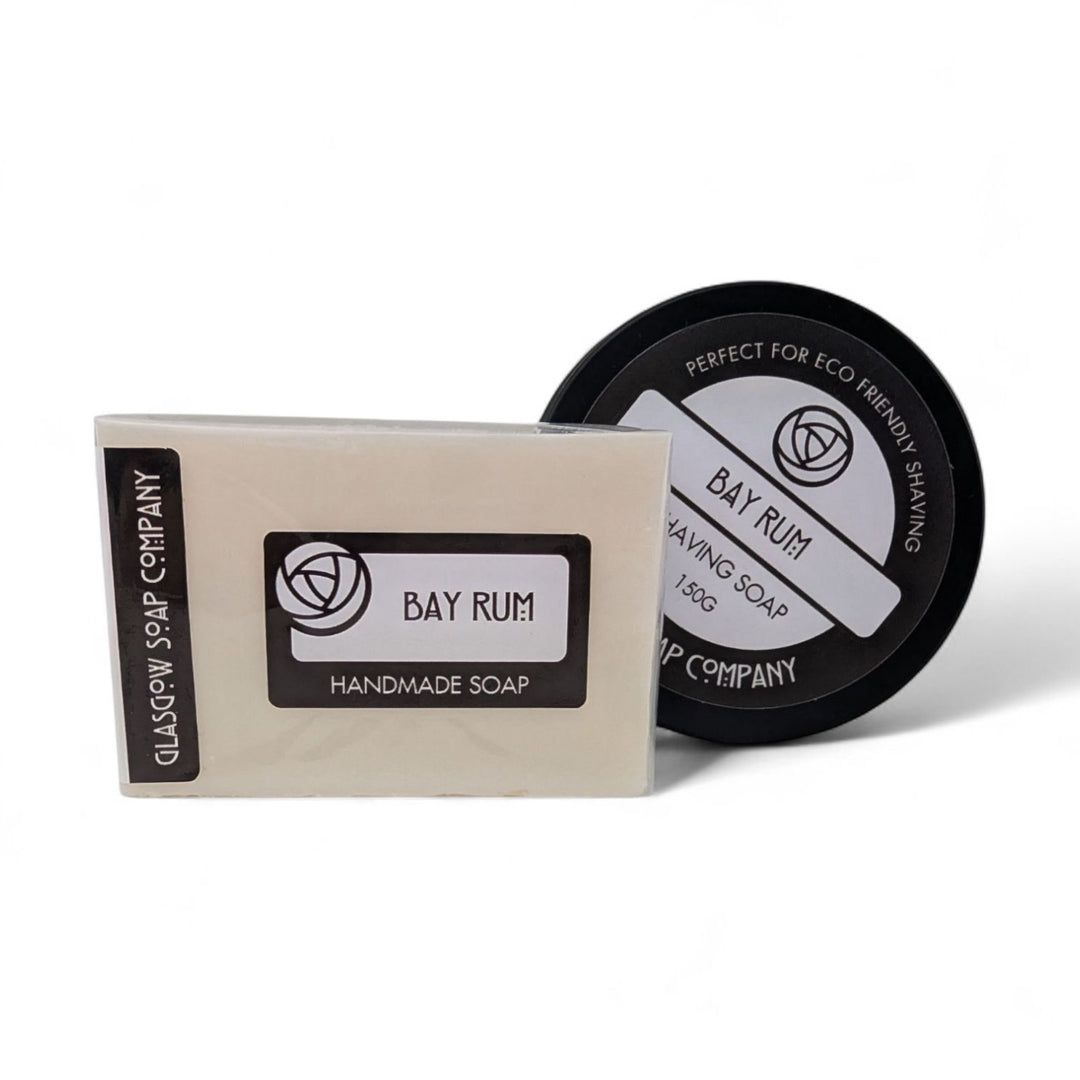 Bar of soap and container with 'Glasgow Soap Company' branding on a white background