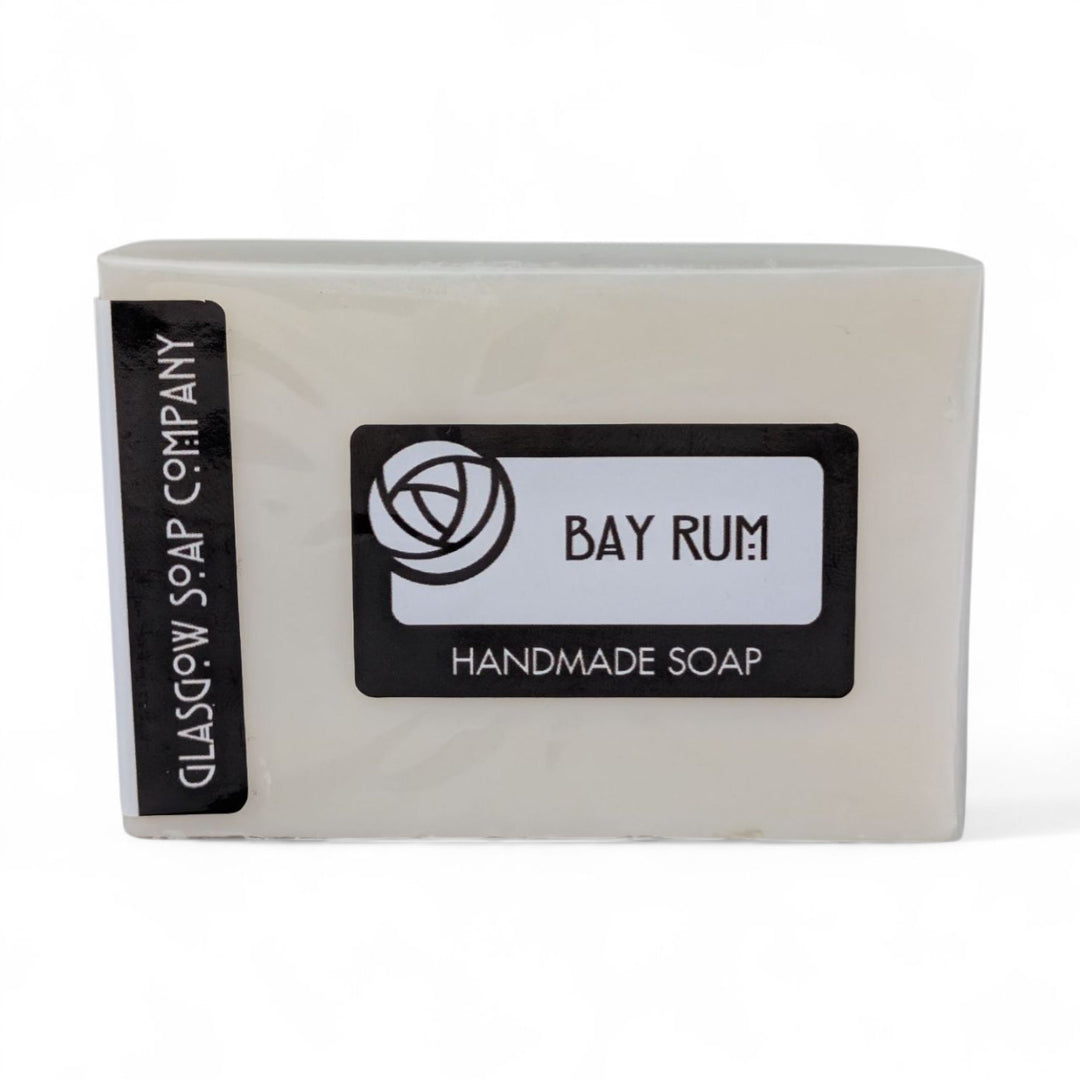 Bar of soap with 'Bay Rum' and 'Glasgow Soap Company' labels on a white background