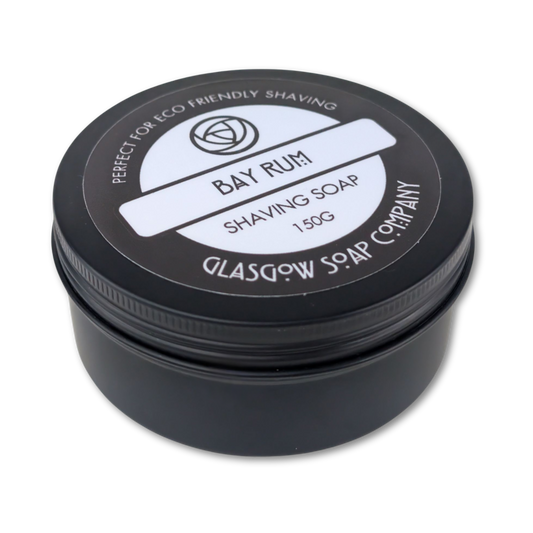 Black container of Bay Rum Shaving Soap from Glasgow Soap Company on a white background