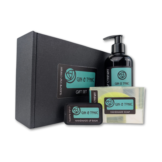 gin and tonic bath and body gift set with handmade vegan soap, lip balm and liquid soap
