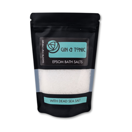 Pack of Epsom bath salts with Gin & Tonic branding on a white background