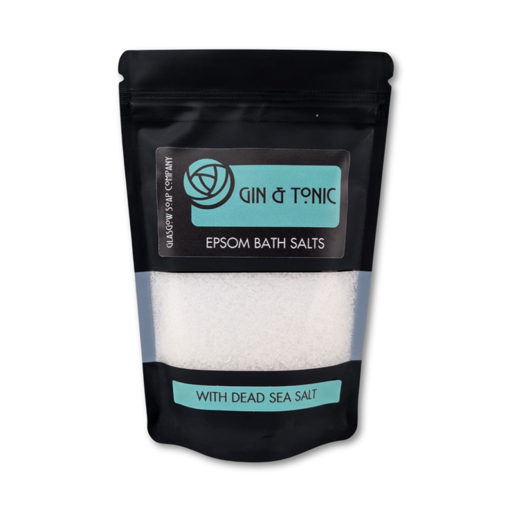 Pack of Epsom bath salts with Gin & Tonic branding on a white background