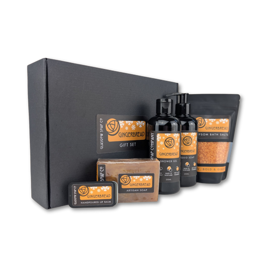 gingerbread christmas bath and body scottish gift set with handmade soap, lip balm, bath salts, shower gel and liquid soap