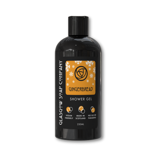 vegan gingerbread christmas shower gel in a recyclable black bottle