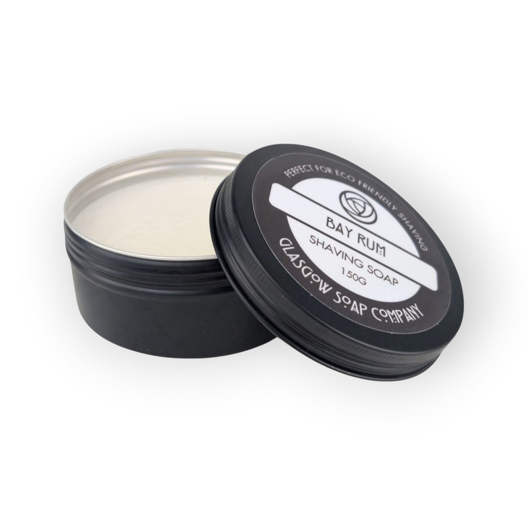 Glasgow Soap Company Ltd Bay Rum shaving soap in a black tin, vegan friendly, 150g.