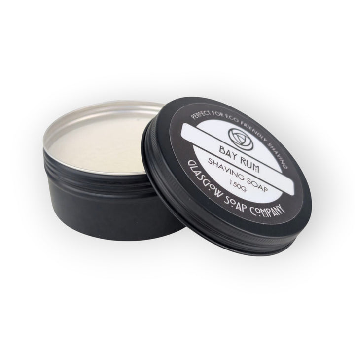 Glasgow Soap Company Ltd Bay Rum shaving soap in a black tin, vegan friendly, 150g.