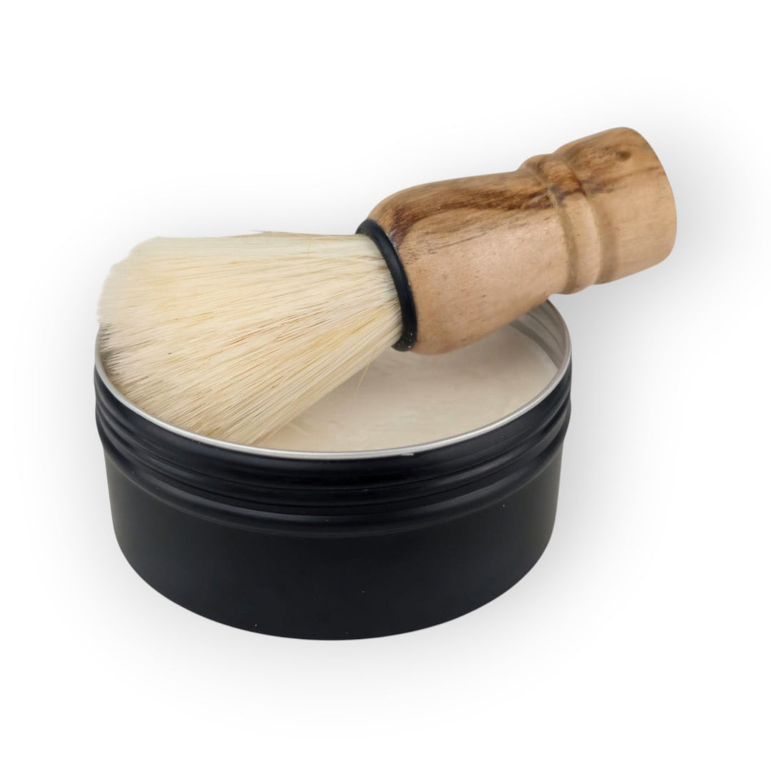 Glasgow Soap Company Ltd Bay Rum shaving soap in black tin with wooden handled brush. Vegan friendly.