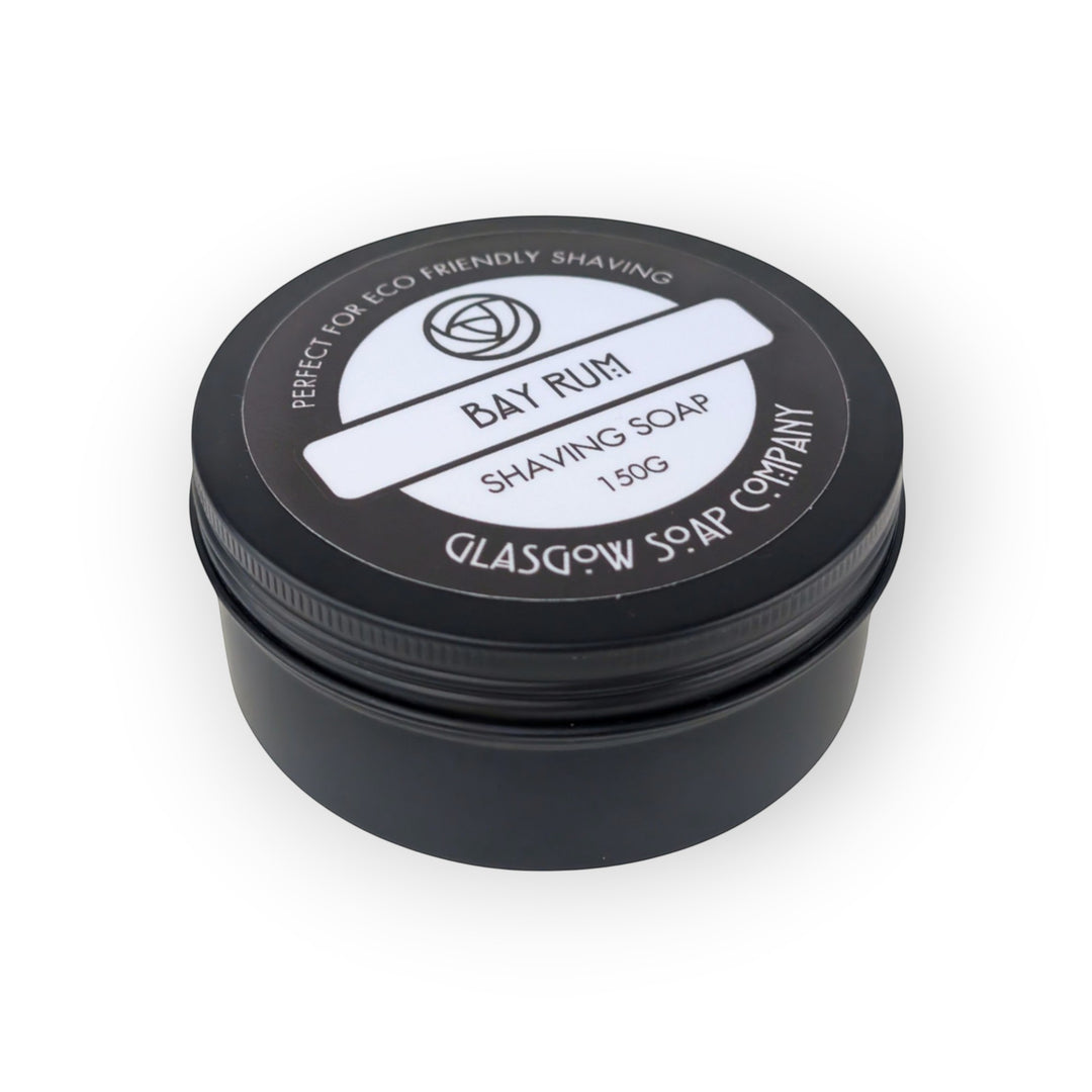 Glasgow Soap Company Ltd Bay Rum shaving soap in a black tin with a bold bay scent, fig, clove, bayberry, and woody notes.