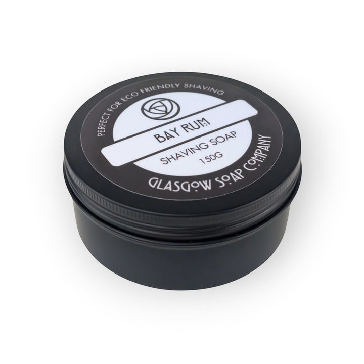 Glasgow Soap Company Ltd Bay Rum shaving soap in a black tin with a bold bay scent, fig, clove, bayberry, and woody notes.