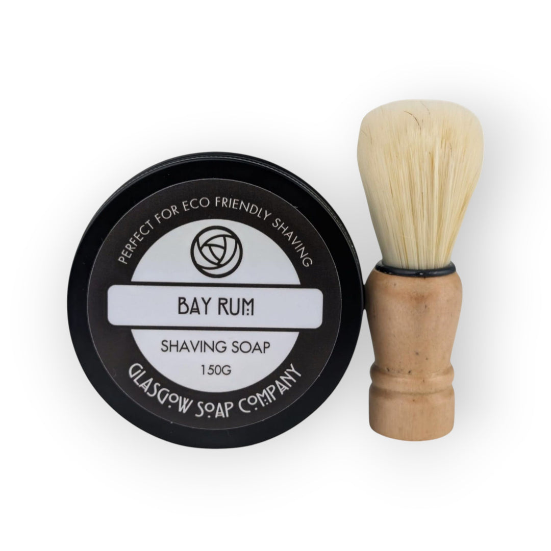 Glasgow Soap Company Ltd Bay Rum shaving soap in a tin with a wooden handled shaving brush. Vegan friendly.