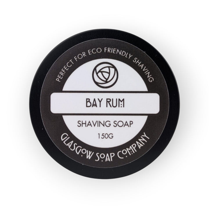 Glasgow Soap Company Ltd Bay Rum shaving soap in a black tin with a creamy lather for a smooth shave.