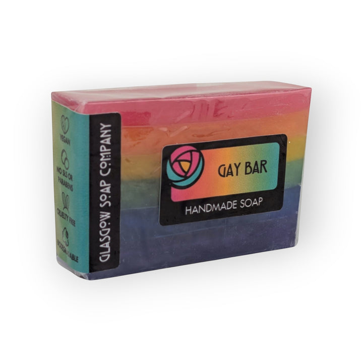 Glasgow Soap Company Gay Bar handmade soap with rainbow colours and bubblegum scent. Vegan, SLS &amp; paraben free.