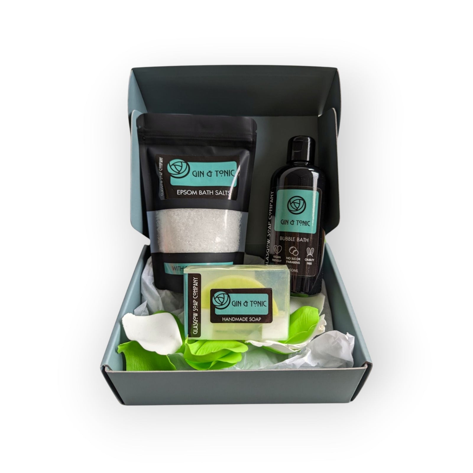 Glasgow Soap Company Gin & Tonic bath set with Epsom salts, handmade soap, bubble bath, and petals.
