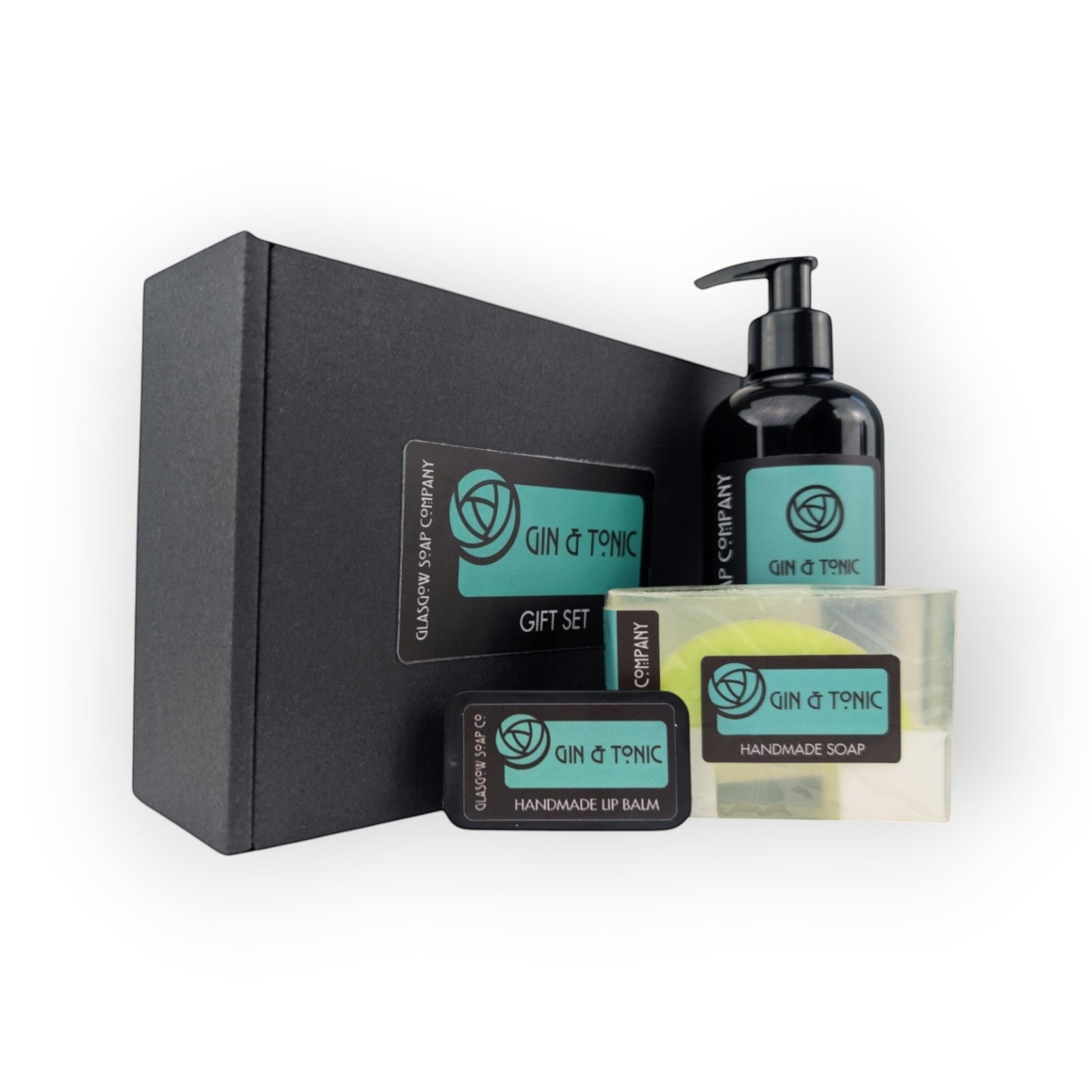 Glasgow Soap Company Ltd Gin & Tonic gift set with liquid soap, handmade soap, and lip balm. Vegan and cruelty-free.