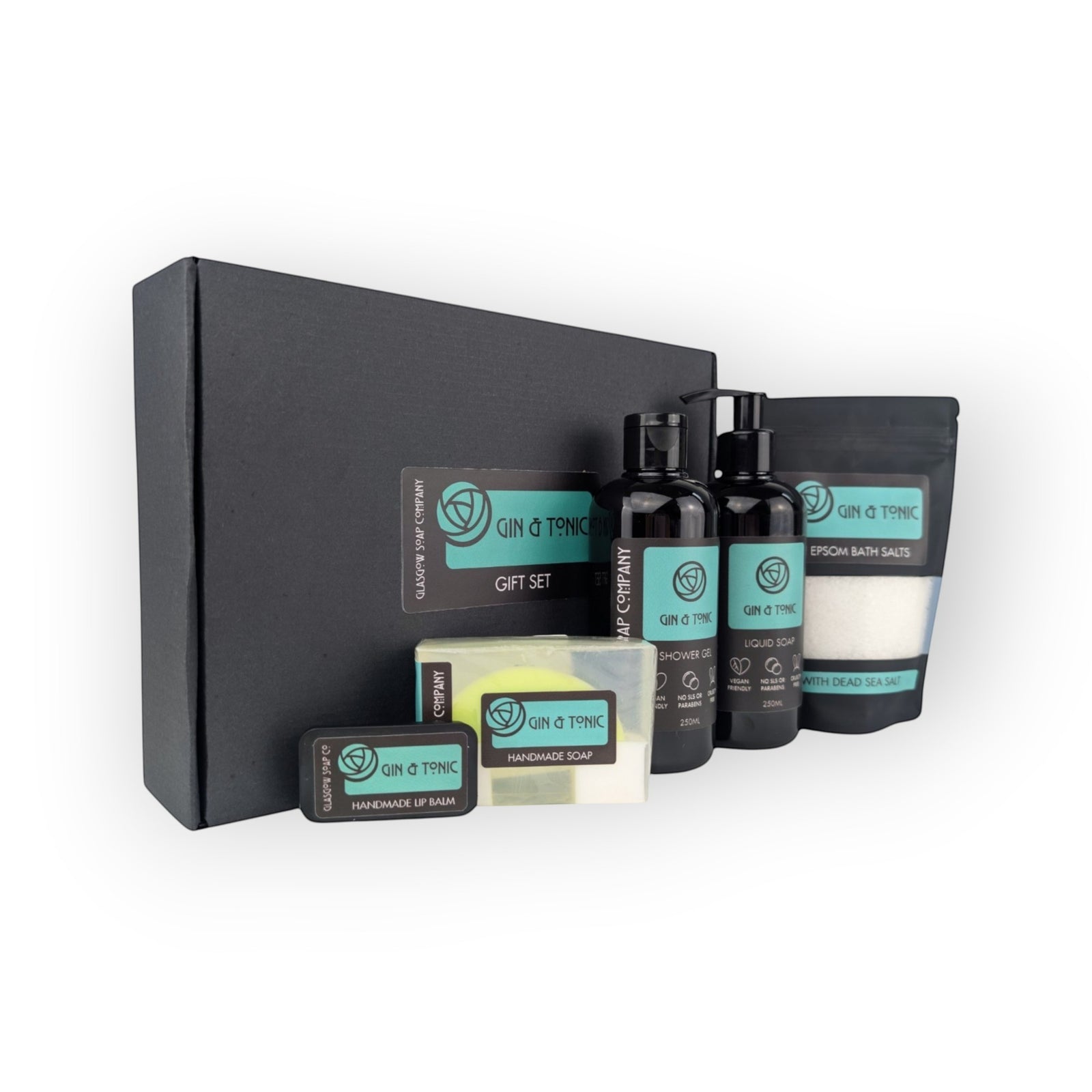 Glasgow Soap Company Ltd Gin & Tonic gift set with liquid soap, shower gel, bath salts, handmade soap, and lip balm.