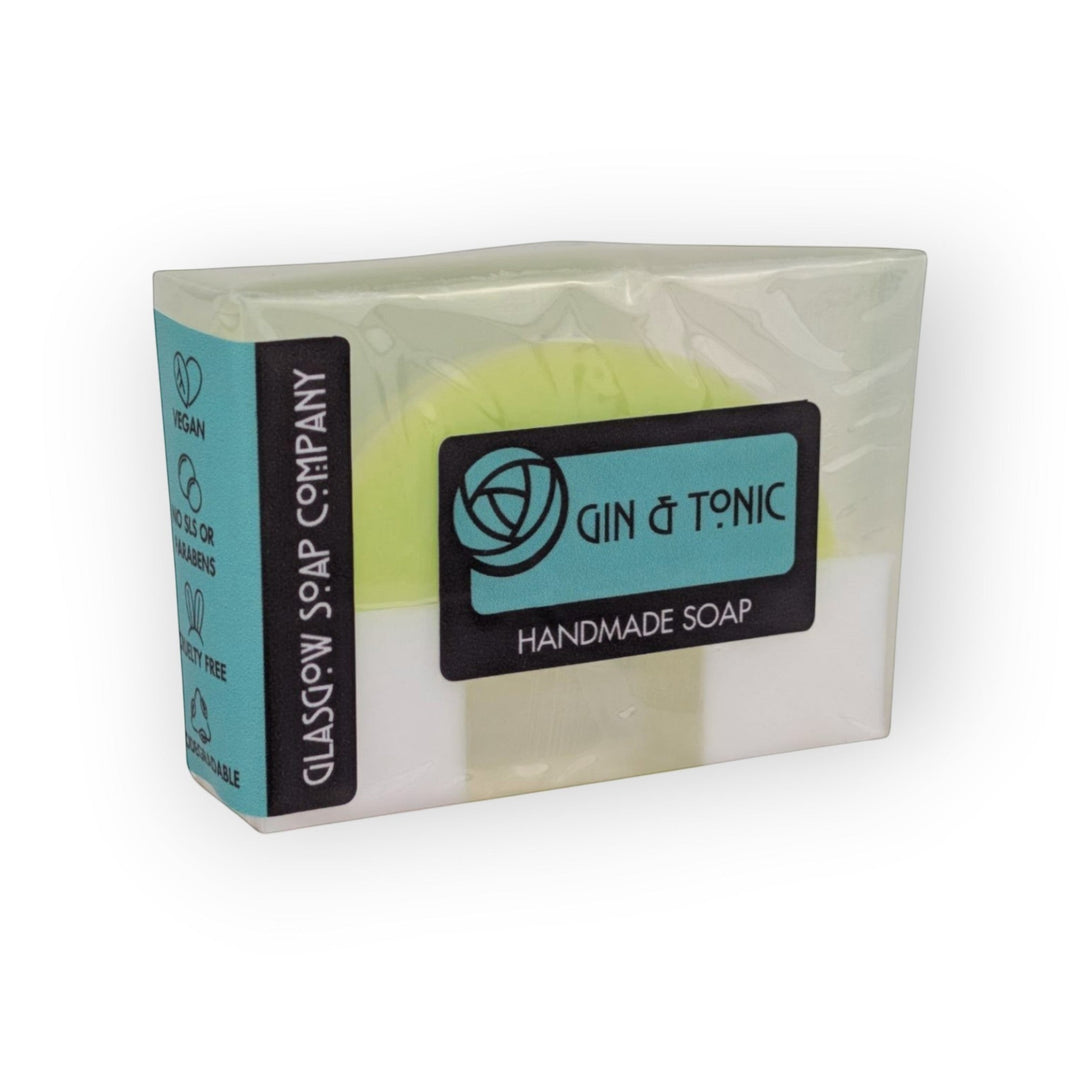 Glasgow Soap Company Ltd Gin &amp; Tonic handmade soap slice with lime and ice cube design, zesty botanical fragrance, vegan, SLS &amp; paraben free.