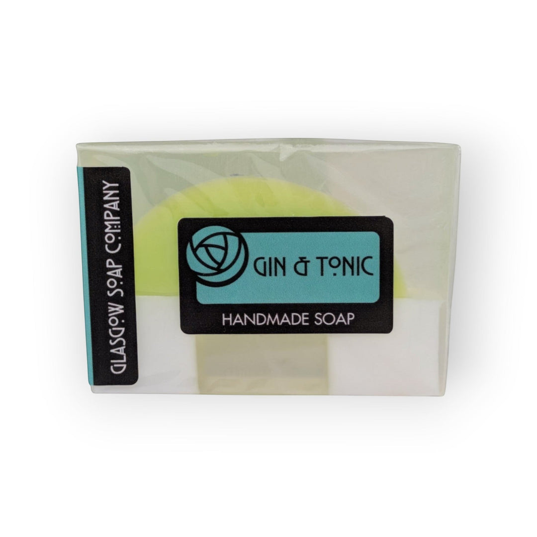 Glasgow Soap Company Ltd Gin &amp; Tonic handmade soap slice with lime and ice cube design, botanical fragrance.