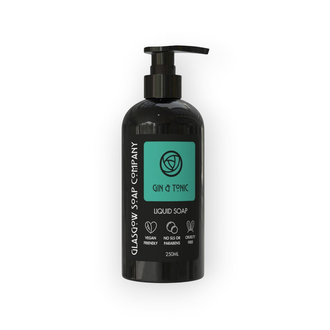Glasgow Soap Company Gin &amp; Tonic liquid soap in a black bottle with a teal label. Vegan, cruelty-free, no SLS or parabens.