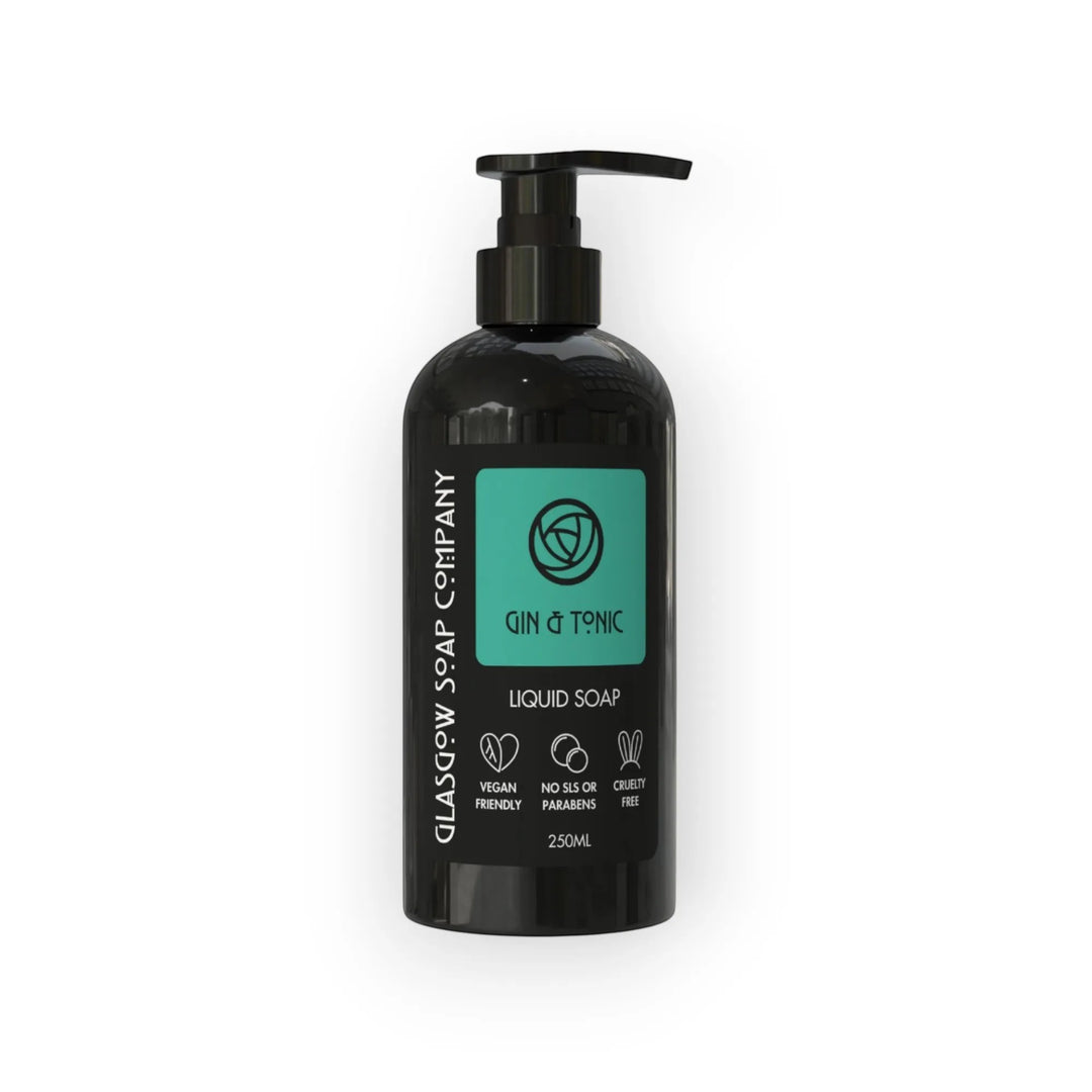 Glasgow Soap Company Ltd Gin &amp; Tonic liquid soap in a black pump bottle with a teal label. 250ml.